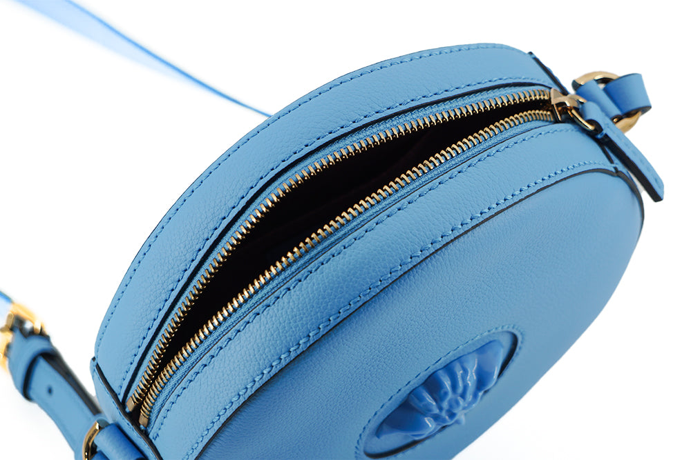 Versace Chic Blue Leather Round Shoulder Bag - Threads of Legacy