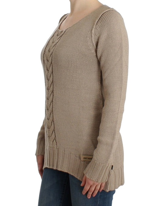 Cavalli Elegant Beige Knitted Crew Neck Sweater - Threads of Legacy