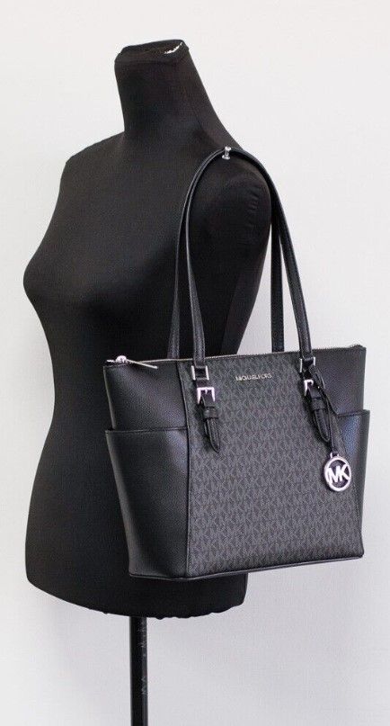 Michael Kors Charlotte Black PVC Leather Large Top Zip Tote Handbag Bag Purse - Threads of Legacy