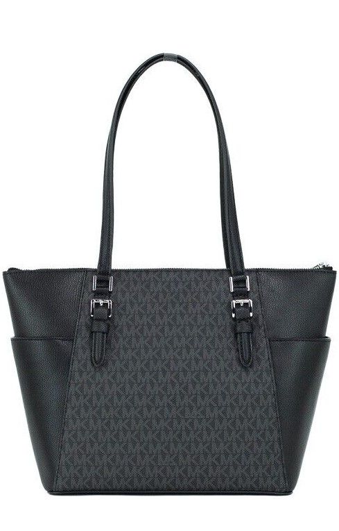 Michael Kors Charlotte Black PVC Leather Large Top Zip Tote Handbag Bag Purse - Threads of Legacy