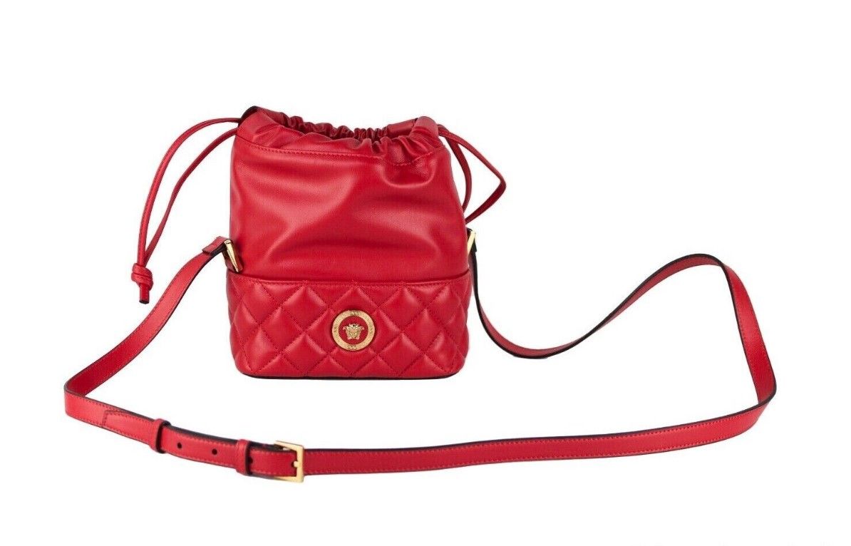 Versace Red Quilted Leather Drawstring Shoulder Bag Bucket Crossbody Handbag - Threads of Legacy