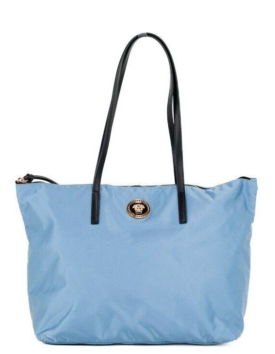 Versace Portuna Medusa Medium Cornflower Blue Nylon Leather Tote Bag Purse - Threads of Legacy