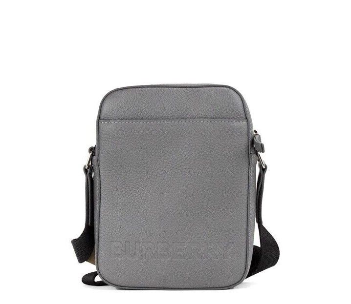 Burberry Thornton Small Grey Embossed Logo Grainy Leather Crossbody Handbag - Threads of Legacy