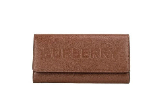 Burberry Porter Tan Grained Leather Embossed Continental Clutch Flap Wallet Brown - Threads of Legacy