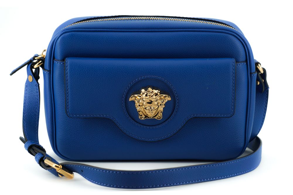 Versace Elegant Blue Calf Leather Camera Case Bag - Threads of Legacy
