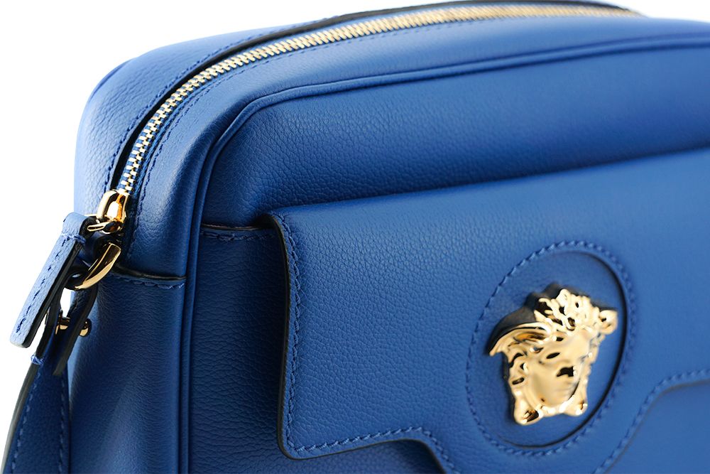 Versace Elegant Blue Calf Leather Camera Case Bag - Threads of Legacy
