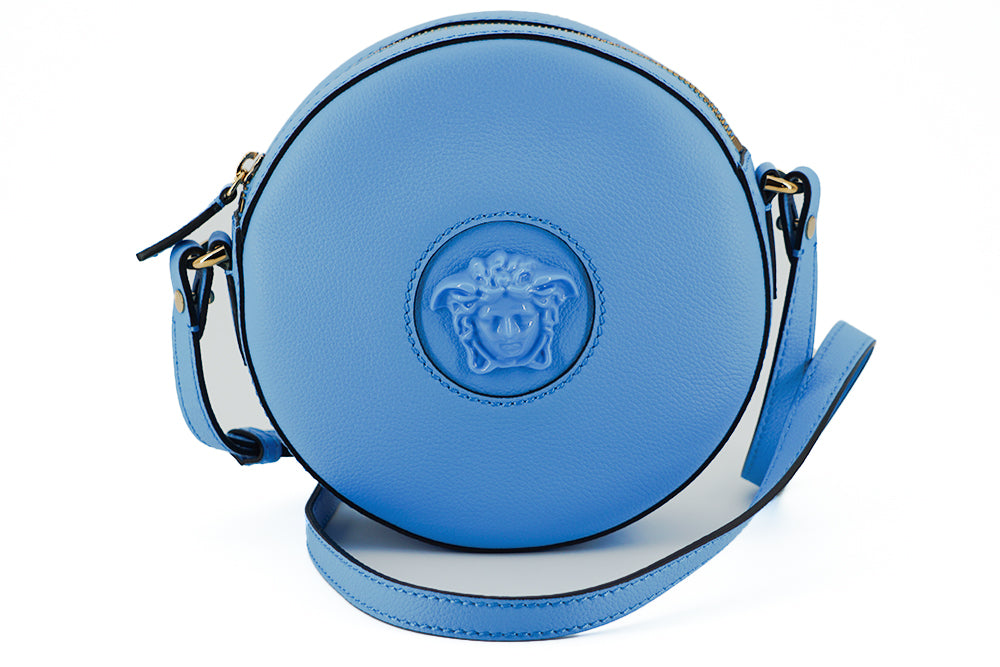 Versace Chic Blue Leather Round Shoulder Bag - Threads of Legacy