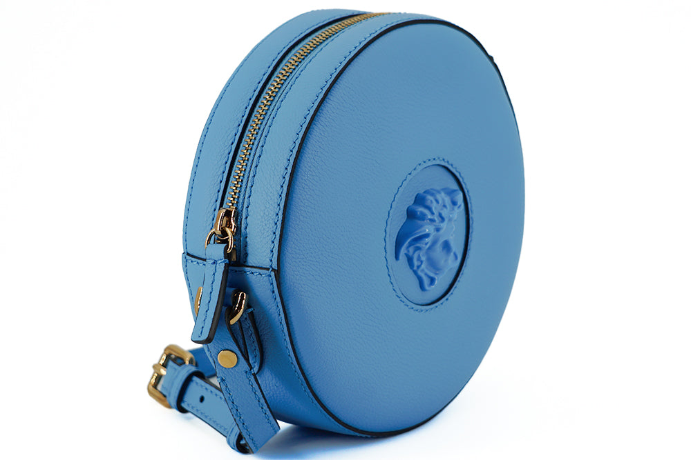 Versace Chic Blue Leather Round Shoulder Bag - Threads of Legacy