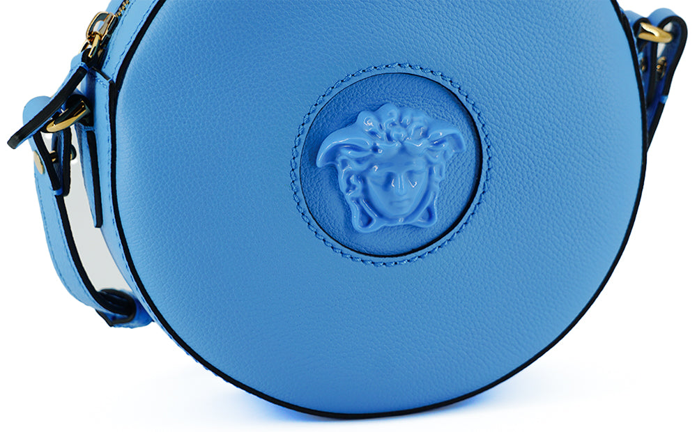 Versace Chic Blue Leather Round Shoulder Bag - Threads of Legacy